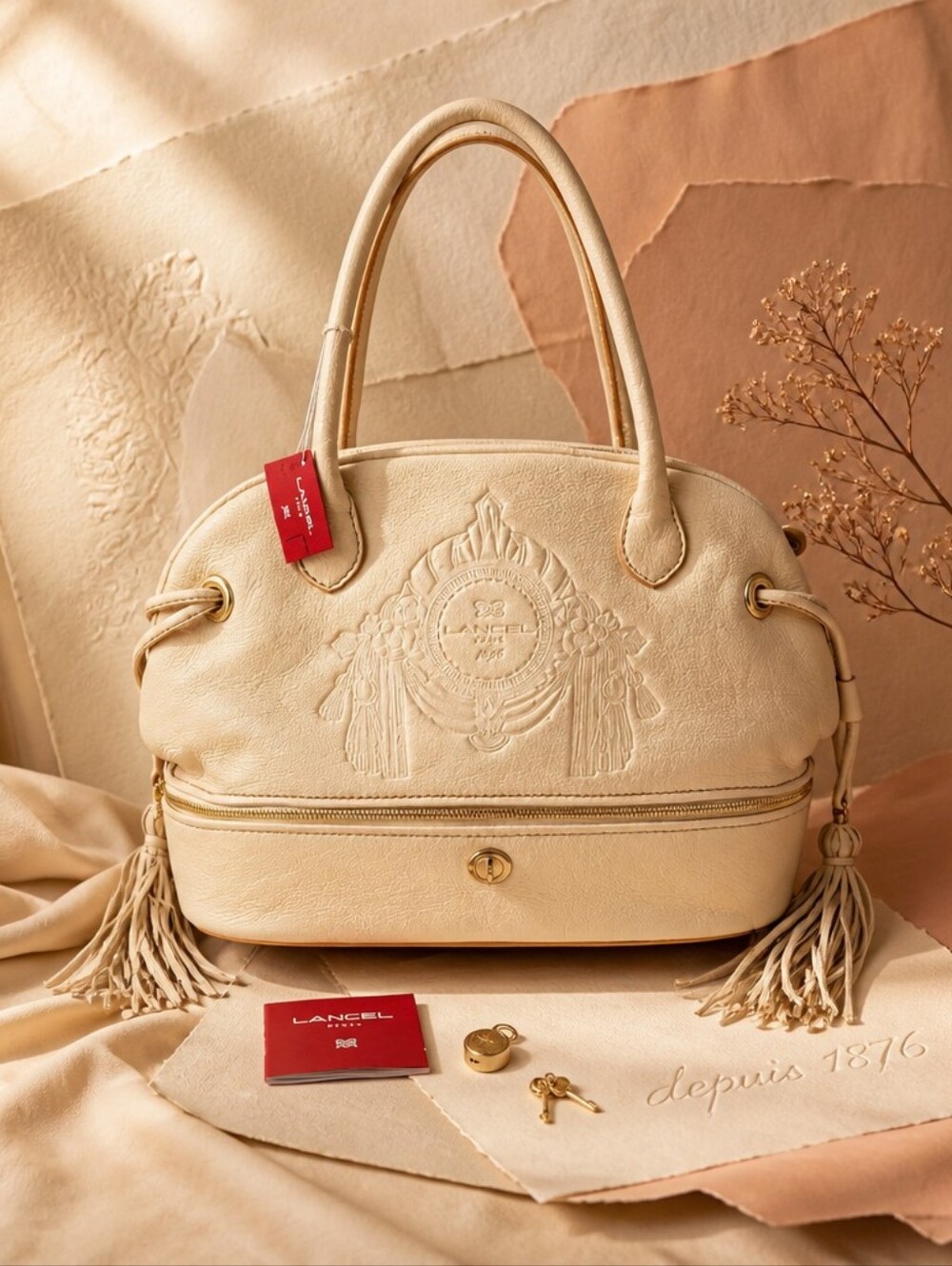 LANCEL Paris Ivory Grained Leather Tassel Shoulder Bag NWT
